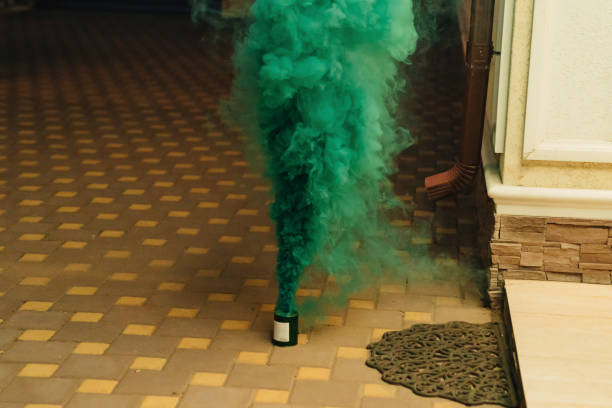 colored fountain. green floor or ground smoke torch.