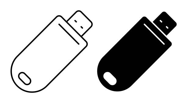 illustrations, cliparts, dessins animés et icônes de icône linéaire. clé usb, carte mémoire usb. stockage des informations sur des supports amovibles. vecteur noir et blanc simple isolé sur fond blanc - usb cable laptop stick computer equipment