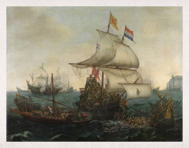 Dutch ships ramming Spanish galleys off the Flemish coast The Dutch ships ramming Spanish galleys off the Flemish coast, 3 October 1602 painted by Hendrick Cornelisz Vroom in 1617. oil painting stock illustrations