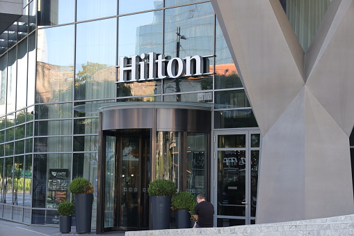 Belgrade, Serbia- August 3,2021: The Hilton hotel in Belgrade. Hilton Hotels and Resorts is Hilton's flagship brand and one of the largest hotel brands in the world.