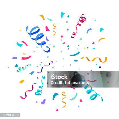 istock Confetti and serpentine ribbons vector background isolated on white backdrop, explosion, burst at the center. Festive illustration in flat modern simple style 1339034513