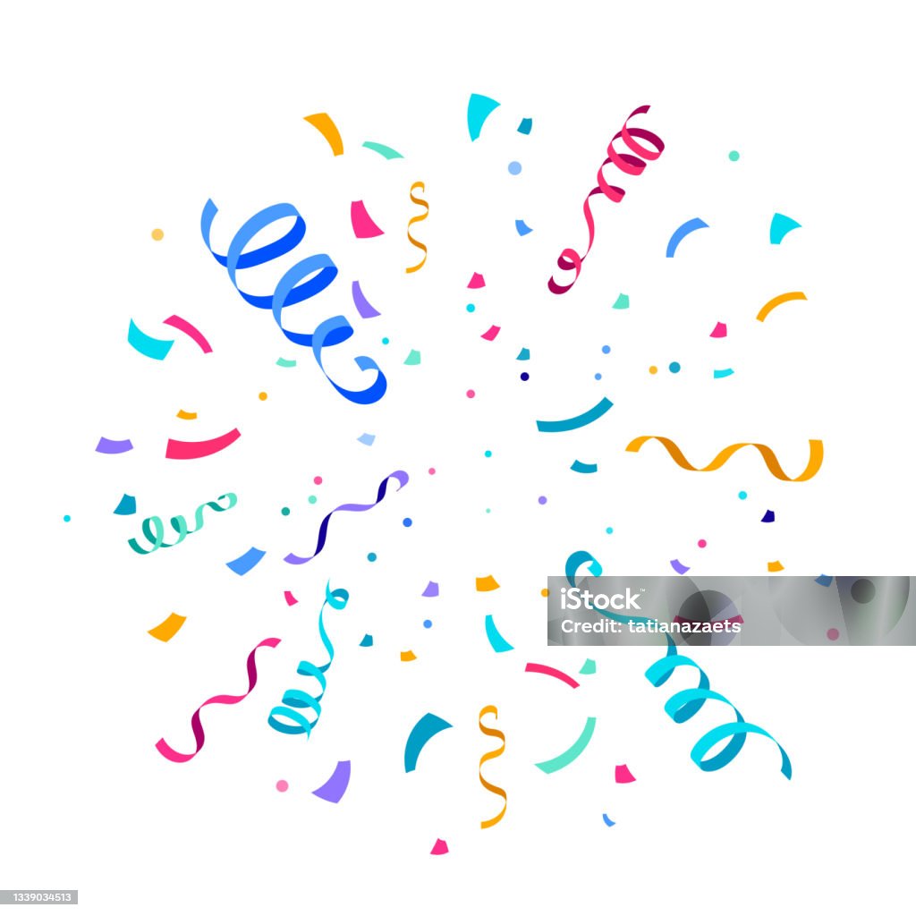Confetti and serpentine ribbons vector background isolated on white backdrop, explosion, burst at the center. Festive illustration in flat modern simple style - 免版稅彩色紙碎圖庫向量圖形