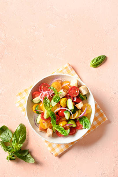 istock Tuscan Panzanella with tomatoes and bread. Top view. 1339035806