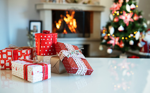 Beautifully Christmas Decorated Home Interior With A Christmas Tree And Christmas Presents