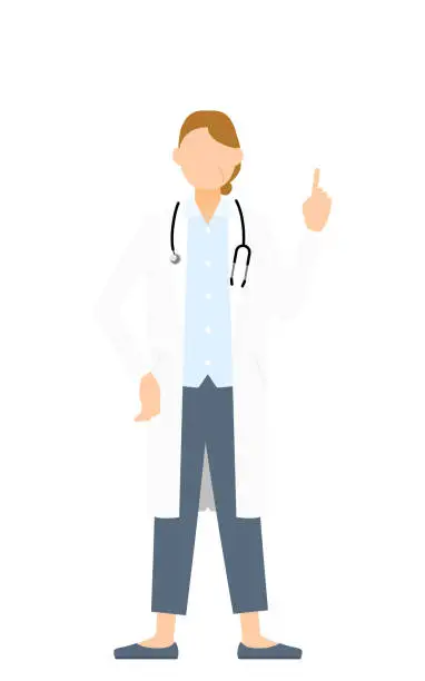 Vector illustration of Senior female doctor in white coat holds up index finger in a pointing pose