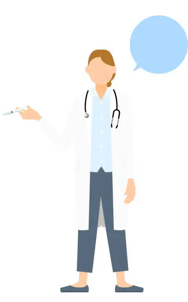 Vector illustration of Senior female doctor in white coat holding syringe, vaccination pose (with speech bubble)