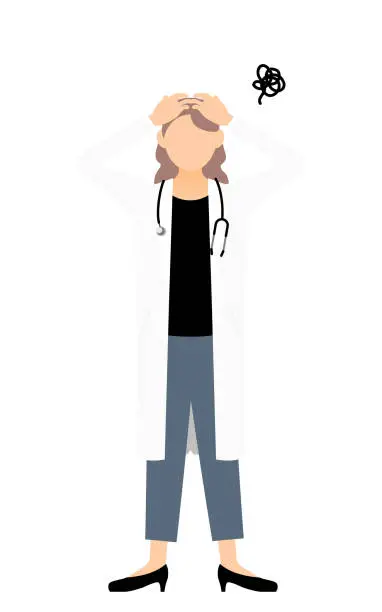 Vector illustration of Female doctor in white coat holding head, pose of annoyance