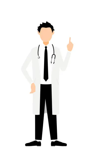 Vector illustration of Male doctor in white coat holding up index finger - pointing pose