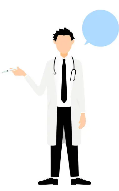 Vector illustration of Male doctor in white coat holding syringe - Vaccination pose (with speech bubble)
