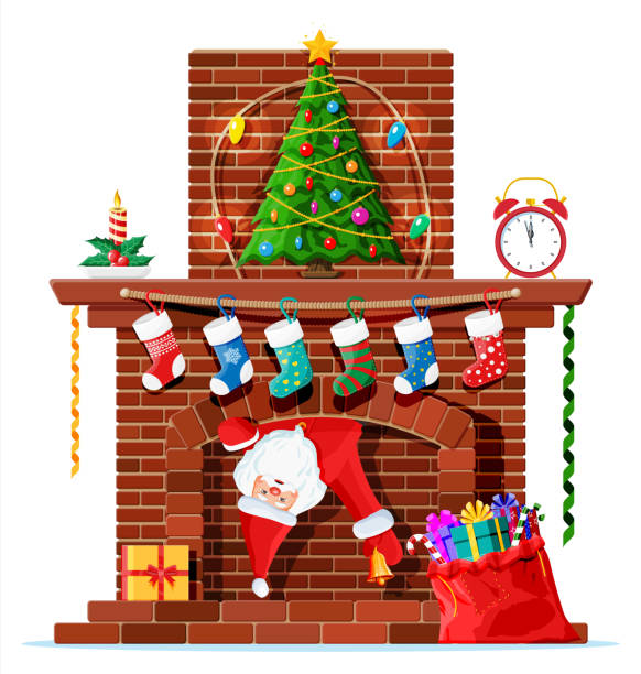 Santa claus stuck in chimney. Santa claus stuck in chimney. Fireplace with socks, candle, gift box, tree, garland. Happy new year decoration. Merry christmas holiday. New year and xmas celebration. Vector illustration flat style stuck in room stock illustrations