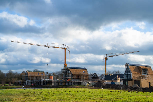 istock Project for construction of houses with reed rooftops 1339043183