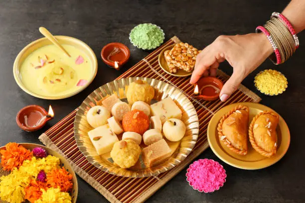 Photo of Diwali sweets Gujiya peda barfi Motichoor Laddu Indian Sweet dessert mithai festival dish Dussehra Holi ganesh chaturthi