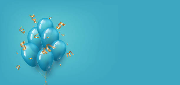 istock Blue festive horizontal background with balloons and golden confetti, streamers. Use it for banners with promotions or as a greeting card for a birthday, anniversary or other holiday 1339044246