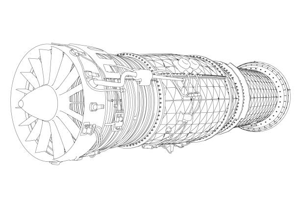 흰색 배경에 고립 된 검은 색 라인에서 항공기 터빈의 상세한 윤곽. 벡터 일러스트레이션 - jet engine stock illustrations