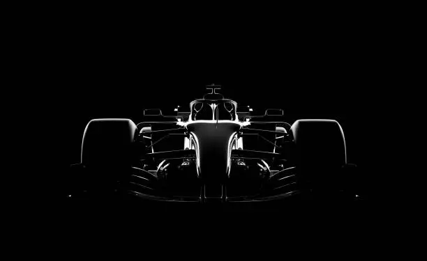 Photo of generic racecar (racing car) prototype, photorealistic render, silhouette on black