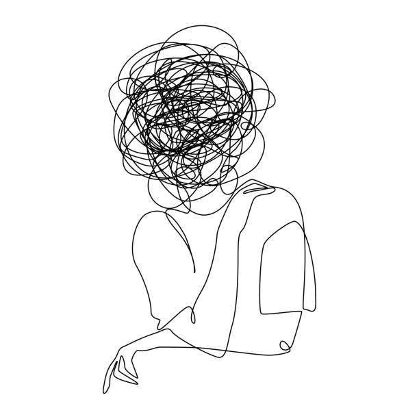 kuvapankkikuvitukset aiheesta jatkuva yhden rivin piirros naisesta, jolla on hämmentyneitä tunteita, huolissaan huonosta mielenterveydestä. ongelmat, stressi, surullinen ja masennus käsite doodle tyyliin. liner vector -kuva - headache