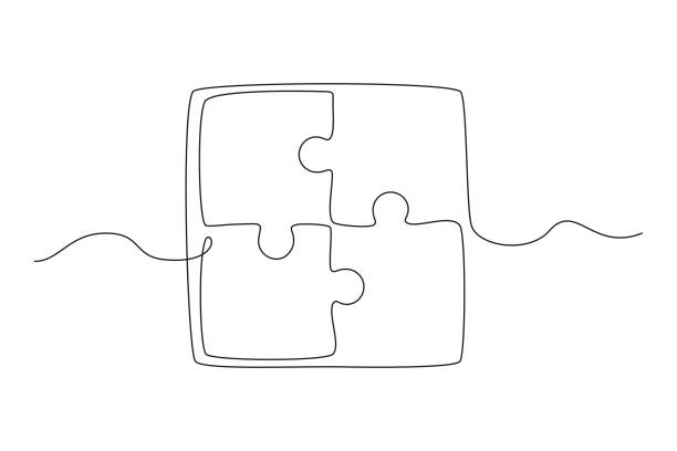 흰색 배경에 퍼즐 게임의 결합 된 조각의 연속 한 줄 그리기. 낙서 스타일의 팀워크, 협력 및 비즈니스 전략 개념. 편집 가능한 스트로크. 벡터 일러스트레이션 - jigsaw puzzle jigsaw piece organization puzzle stock illustrations