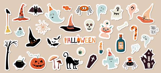 ilustrações de stock, clip art, desenhos animados e ícones de halloween stickers collection with different seasonal elements, big collection isolated - animal skull skull halloween backgrounds