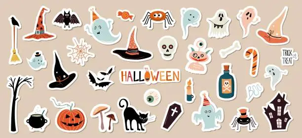 Vector illustration of Halloween stickers collection with different seasonal elements, big collection isolated