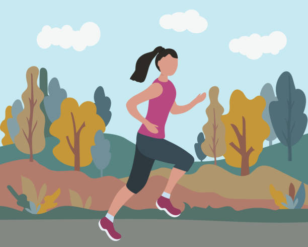 ilustrações de stock, clip art, desenhos animados e ícones de woman running through the park. sports training on the street. runner in motion. marathon and long runs in the street. healthy lifestyle and fitness every day - running jogging women marathon