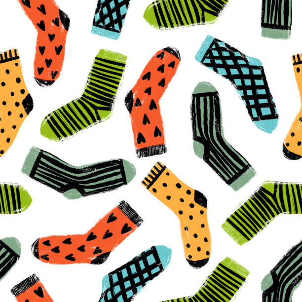 Seamless pattern with bright multicolored socks. Striped socks, socks with hearts and dots. For textile, wallpaper, wrapping, web backgrounds and other pattern fills 1814 stock illustrations