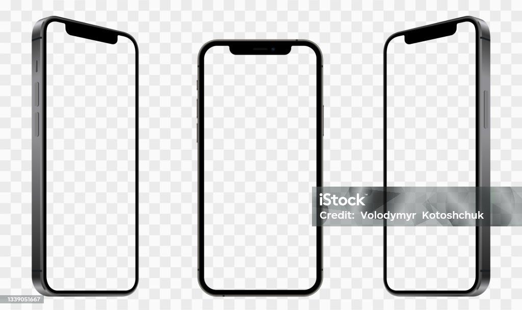 Realistic models smartphone with transparent screens. Smartphone mockup collection. Device front view. 3D mobile phone with shadow on transparent background - stock vector. - Royaltyfri Smartphone vektorgrafik