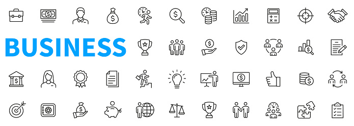 Business icons set. Contains such icons as businessman, idea, contract, secure, bank, tardet, money, saving and more. Outline icons collection. Line style - stock vector.