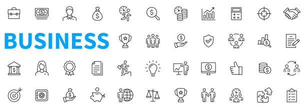 Business icons set. Contains such icons as businessman, idea, contract, secure, bank, tardet, money, saving and more. Outline icons collection. Line style - stock vector. Business icons set. Contains such icons as businessman, idea, contract, secure, bank, tardet, money, saving and more. Outline icons collection. Line style - stock vector. business stock illustrations