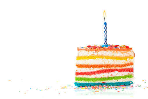Birthday cake with burning candle. Isolated on white background with copy space for your greetings