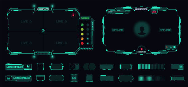 Digital frame technology UI,UX Futuristic HUD, FUI, Virtual Interface. A design template for a set of frames , buttons, and overlay cursors for game streaming. Futuristic info boxes layout templates. Digital frame technology UI,UX Futuristic HUD, FUI, Virtual Interface. A design template for a set of frames video game banners stock illustrations