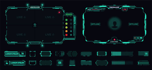 digital frame technology ui,ux futuristic hud, fui, virtual interface. a design template for a set of frames , buttons, and overlay cursors for game streaming. futuristic info boxes layout templates. - gamer 幅插畫檔、美工圖案、卡通及圖標