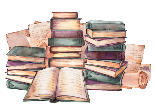 ilustrações de stock, clip art, desenhos animados e ícones de old books stacks arrangement. watercolor illustration. - old fashioned desk student book