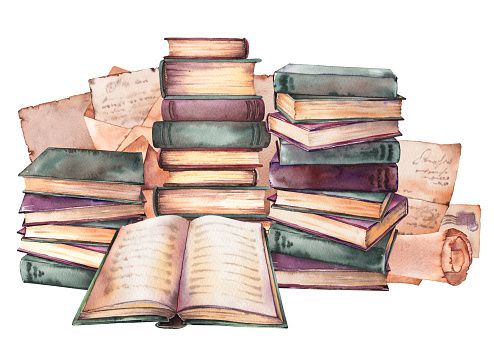 Old books stacks arrangement. Watercolor illustration isolated on white background.