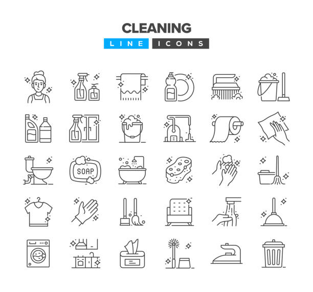 Cleaning Line Icon Set Cleaning Line Icon Set bucket and sponge stock illustrations