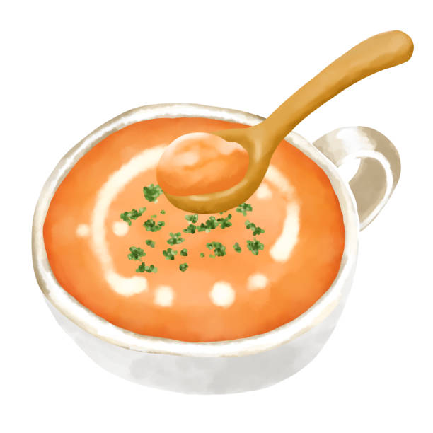 bildbanksillustrationer, clip art samt tecknat material och ikoner med watercolor illustration tomato soup (tomato potage) and wooden spoon - tomatsoppa