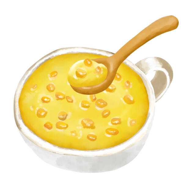 illustrations, cliparts, dessins animés et icônes de illustration à l’aquarelle soupe de maïs grainée (potage de maïs) et cuillère en bois - grained
