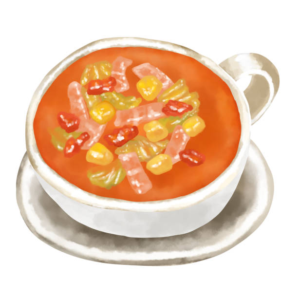 ilustraciones, imágenes clip art, dibujos animados e iconos de stock de ilustración en acuarela minestrone (sopa de verduras) - minestrone