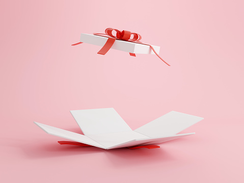 Open gift box with red ribbon over pink background. Happy birthday, Merry Christmas, New Year, Wedding or Valentine Day concept. 3D rendering illustrations.