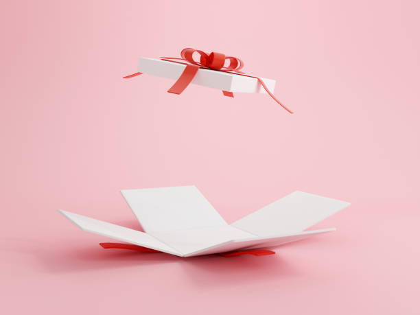 Open gift box with red ribbon over pink background. Happy birthday, Merry Christmas, New Year, Wedding or Valentine Day concept. 3D rendering illustrations. Open gift box with red ribbon over pink background. Happy birthday, Merry Christmas, New Year, Wedding or Valentine Day concept. 3D rendering illustrations. present box stock pictures, royalty-free photos & images