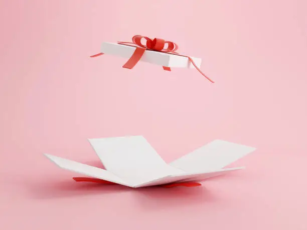 Open gift box with red ribbon over pink background. Happy birthday, Merry Christmas, New Year, Wedding or Valentine Day concept. 3D rendering illustrations.