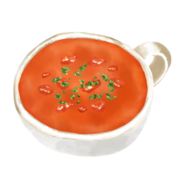 illustrazioni stock, clip art, cartoni animati e icone di tendenza di illustrazione ad acquerello zuppa di pomodoro (gazpacho) - minestrone