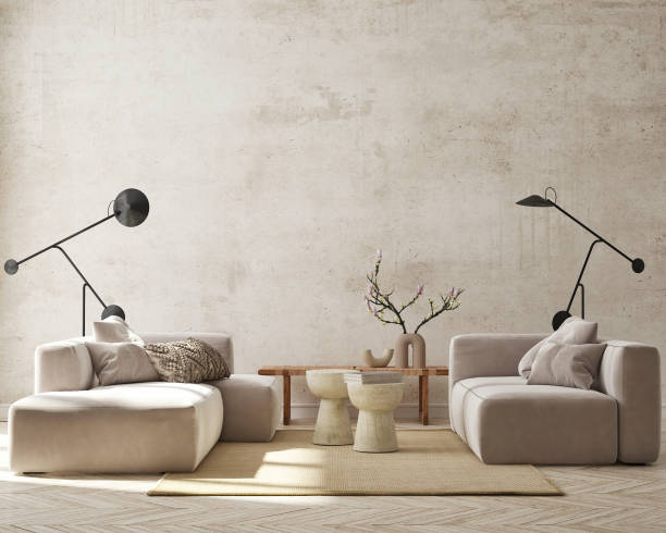 Mock up Wall, modern home interior background, living room, scandinavian style, 3D render, 3D illustration stock photo