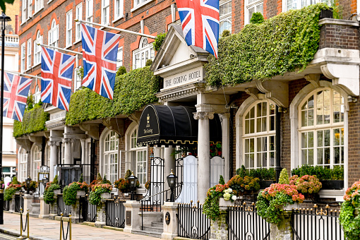 London, England - August 2021: Sign above the entrance to the Goring Hotel in central London
