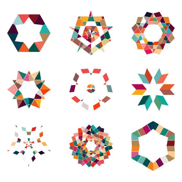 Vector illustration of Vector colorful mosaic floral pattern mandala icon collection