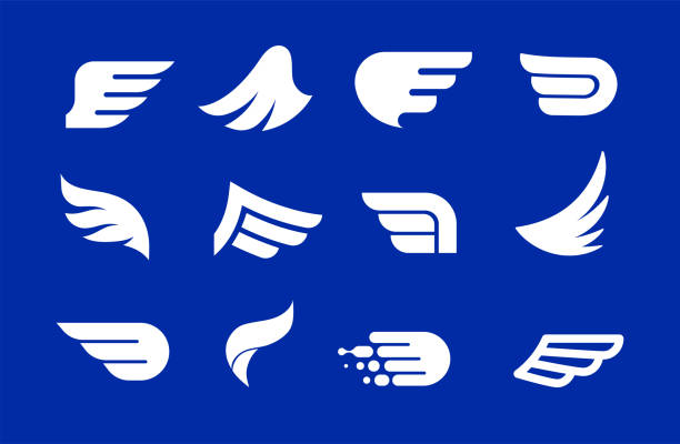 ilustrações de stock, clip art, desenhos animados e ícones de collection of blue wings logos, icons and symbols. fast delivery, motion and speed concept. - wing