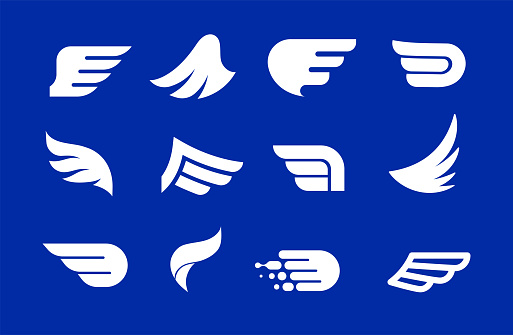 Collection of blue wings logos, icons and symbols. Fast delivery, motion and speed concept. Vector illustration