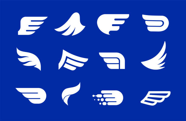 Collection of blue wings logos, icons and symbols. Fast delivery, motion and speed concept. vector art illustration