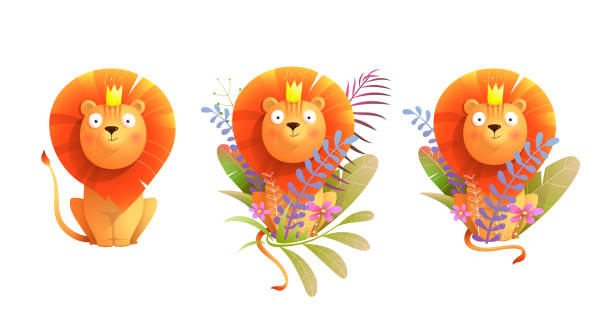 ilustrações, clipart, desenhos animados e ícones de rei leão do bebê africano na natureza para o design infantil - illustration and painting image computer graphic lion