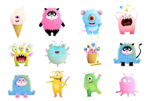 cute monsters characters collection für kinder - hairy animal hair fantasy monster stock-grafiken, -clipart, -cartoons und -symbole