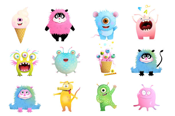 ilustraciones, imágenes clip art, dibujos animados e iconos de stock de colección de personajes de lindos monstruos para niños - fluffy